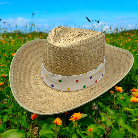 Vintage Polka Dot Band Straw Raffia Hat Beachy Spring Summer Costume O/S - Picture 1 of 6